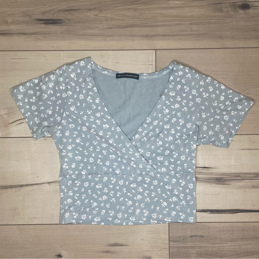 Brandy Melville Cottagecore Blue and White Floral Crop Top